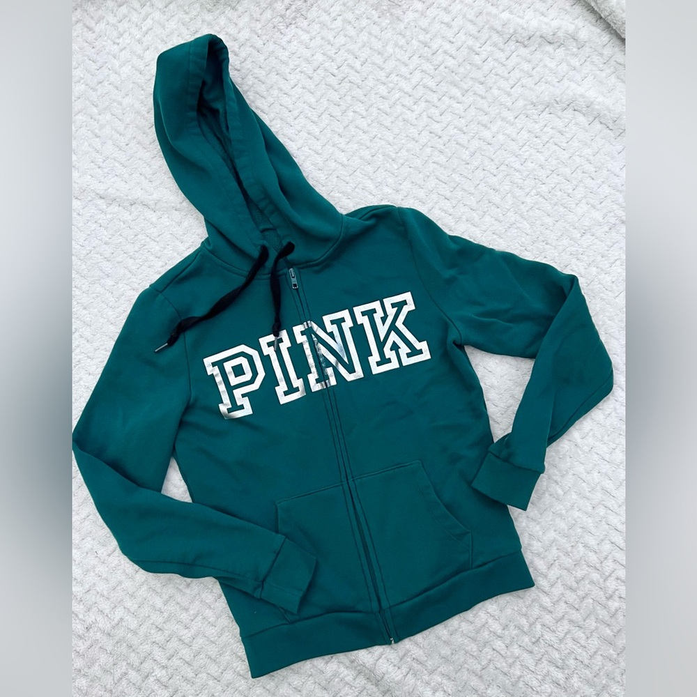 PINK Normcore Deep Teal Silver Metallic Logo Full Zip Hoodie Women’s Small NWOT